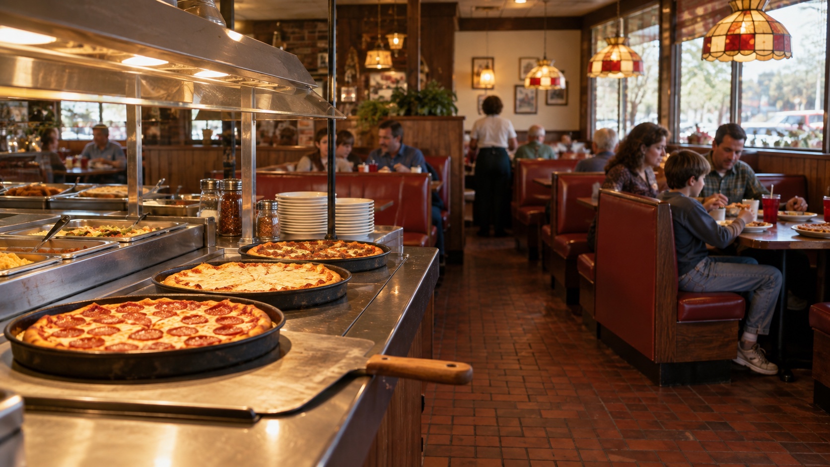 Generic retro pizza dining room with red booths, an unbranded lunch buffet, and pan pizzas under warm lights.
