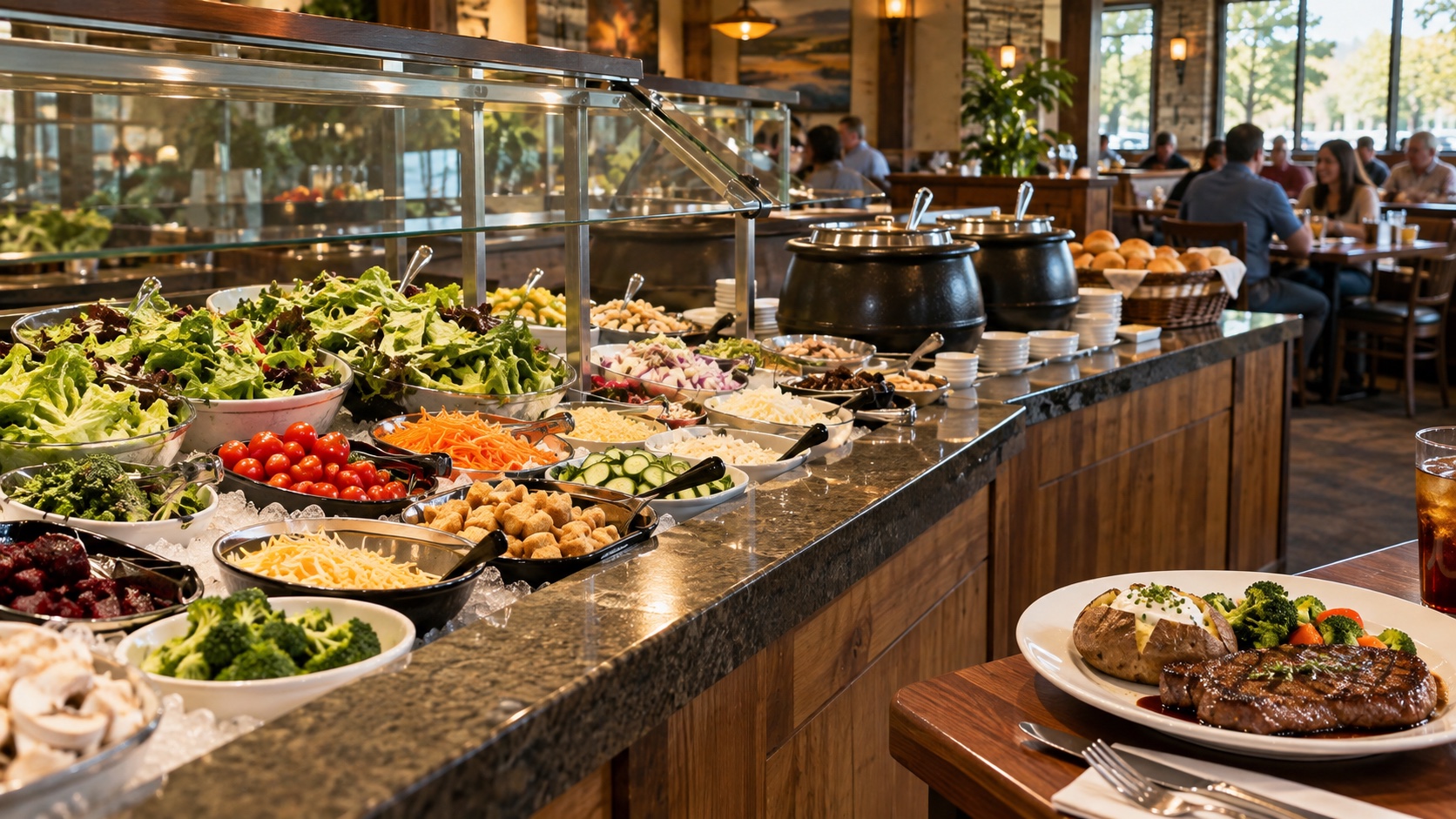 Generic steakhouse salad bar with fresh vegetables, soup kettles, rolls, and a grilled steak plate nearby.