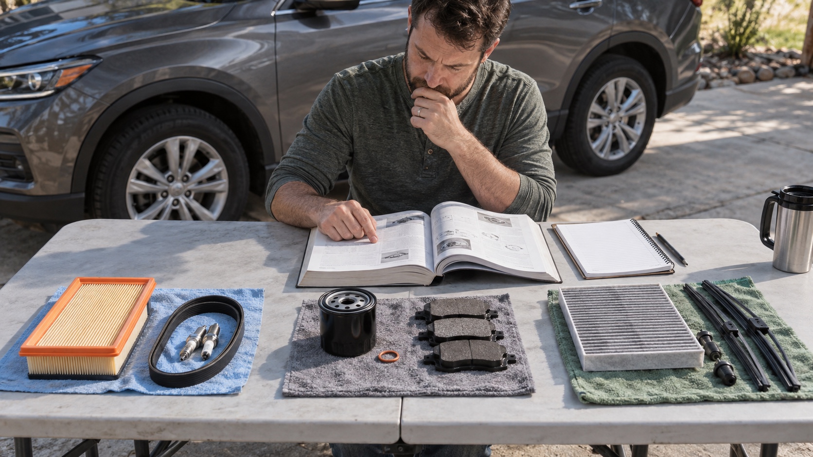 Driver comparing an owner's manual with grouped filters, spark plugs, brake pads, and wiper blades beside an unbranded crossover.