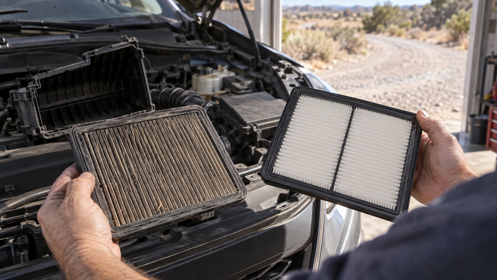 Technician comparing a dust-loaded engine air filter with a clean replacement beside an open airbox.