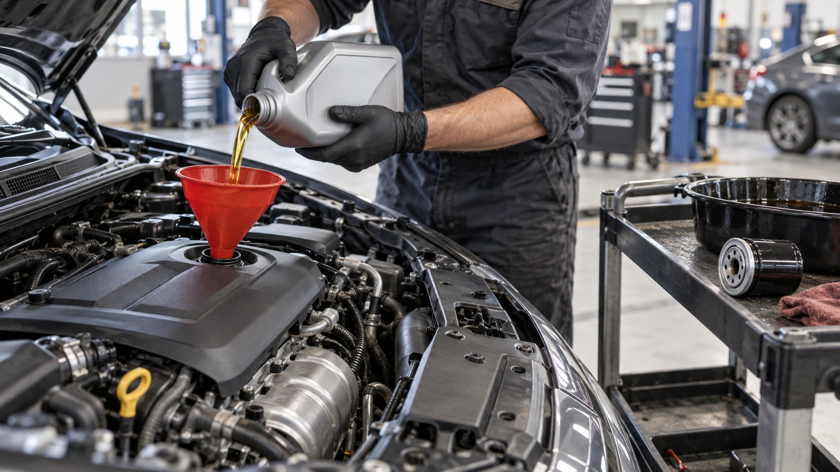 Gloved technician adding fresh engine oil through a funnel in a clean unbranded car workshop.