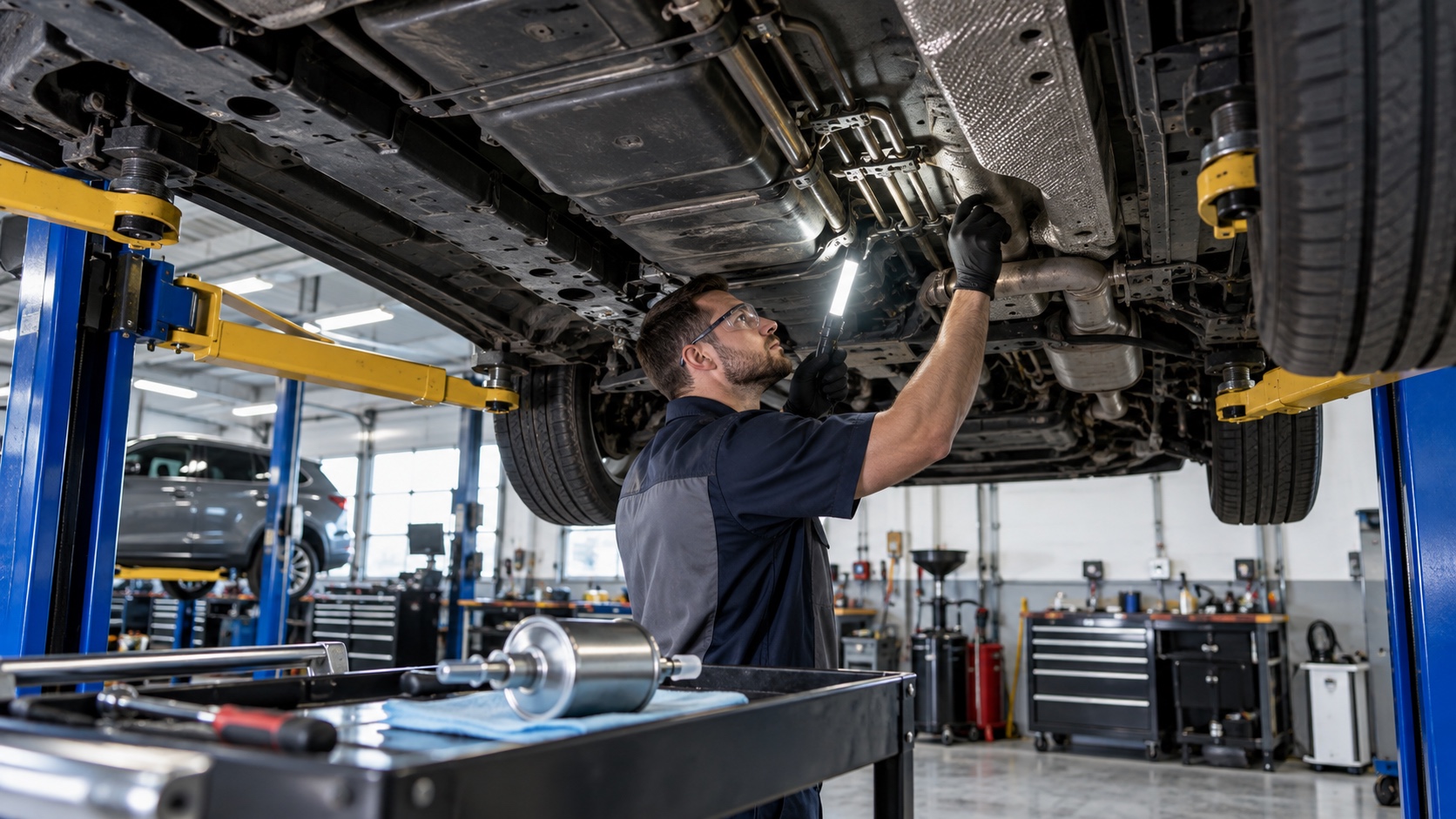 Technician safely inspecting the underside fuel-system area of a car raised on a professional workshop lift.