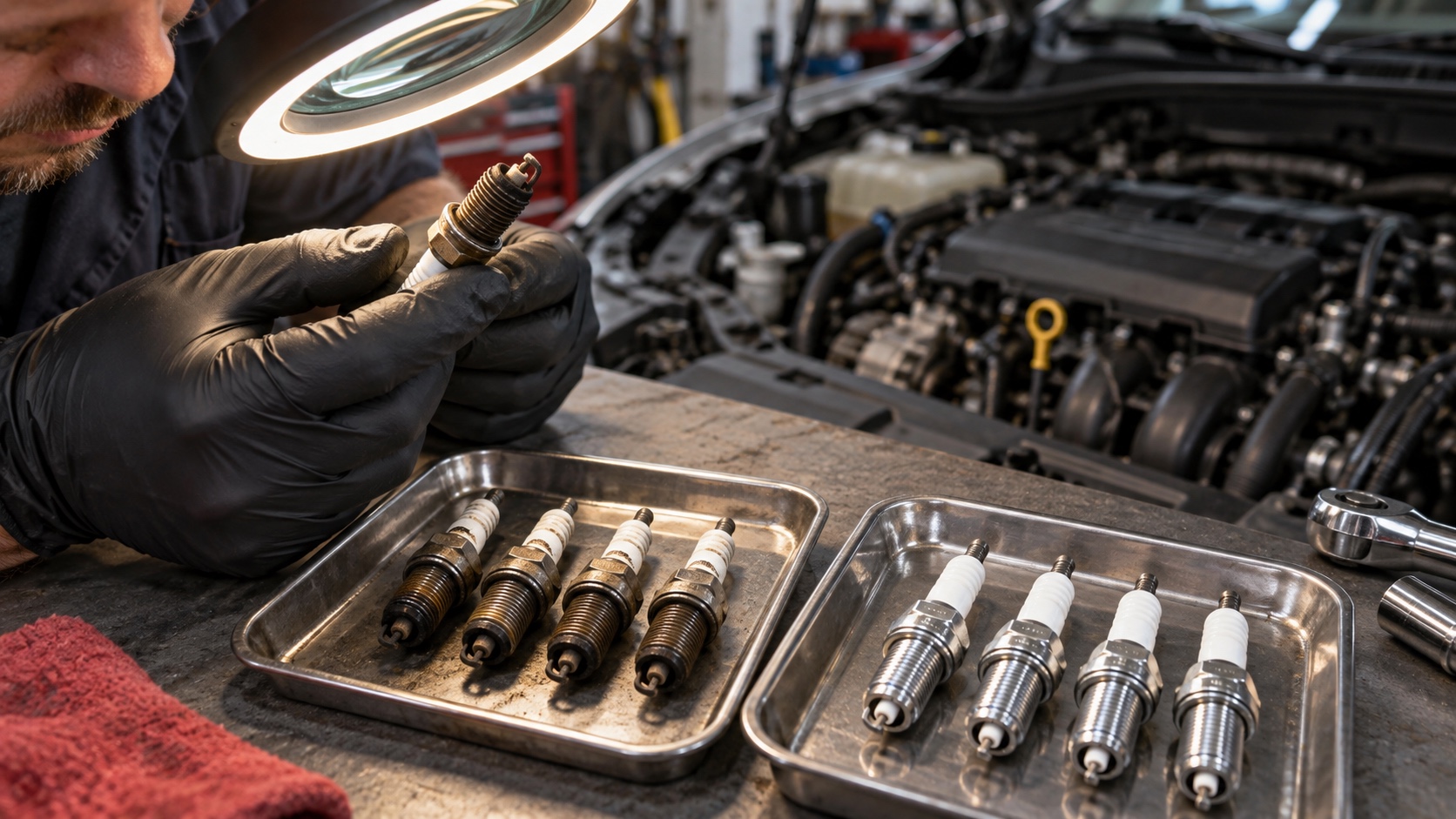 Mechanic inspecting a used spark plug beside separate trays of worn and new plugs at a workshop bench.