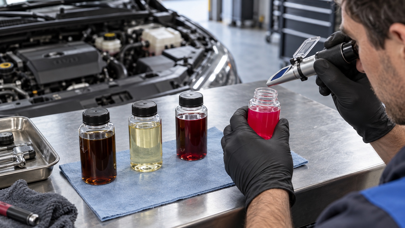 Technician examining separate samples of coolant and automotive fluids on a clean service bench.