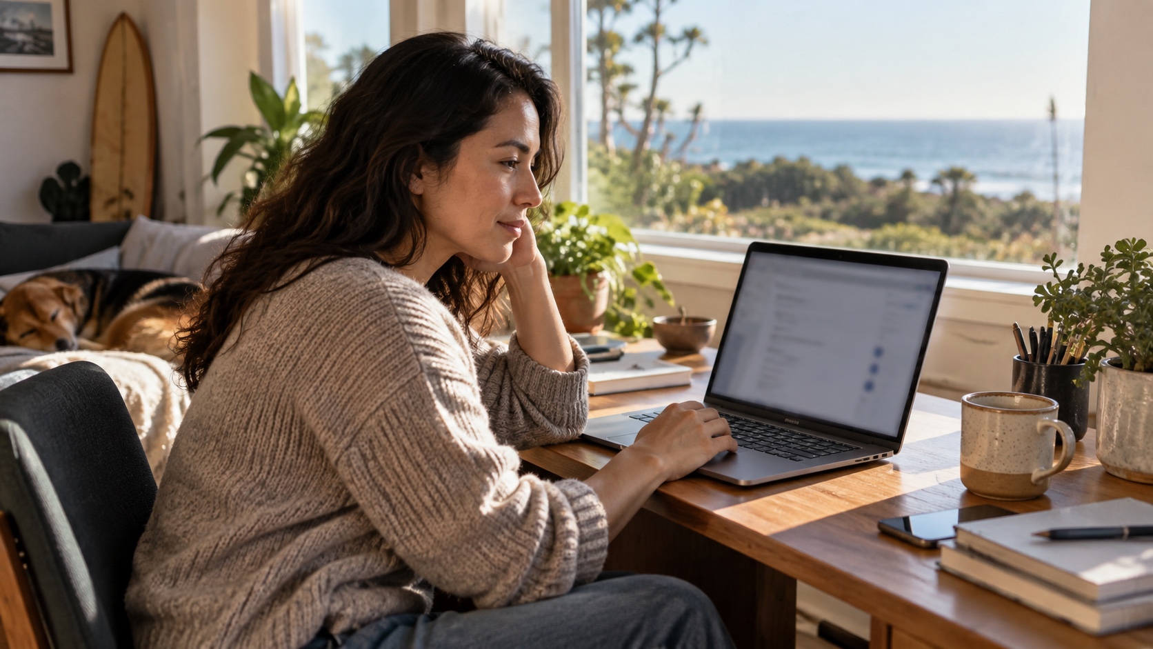 California resident reviewing privacy choices on a laptop at a sunlit home workspace.
