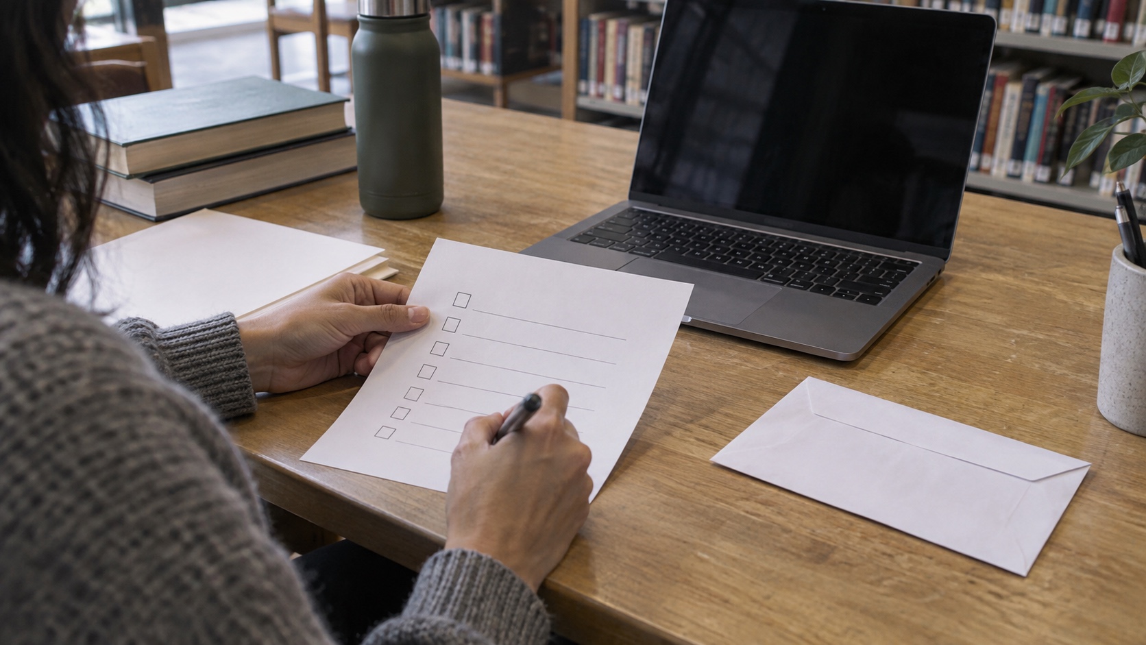 Hands preparing a blank privacy request checklist beside a laptop and sealed envelope in a library.
