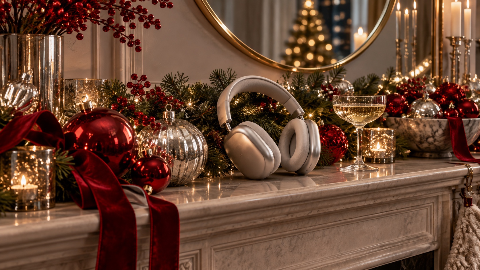 Silver headphones among crimson ornaments and warm lights on an elegant holiday mantel.