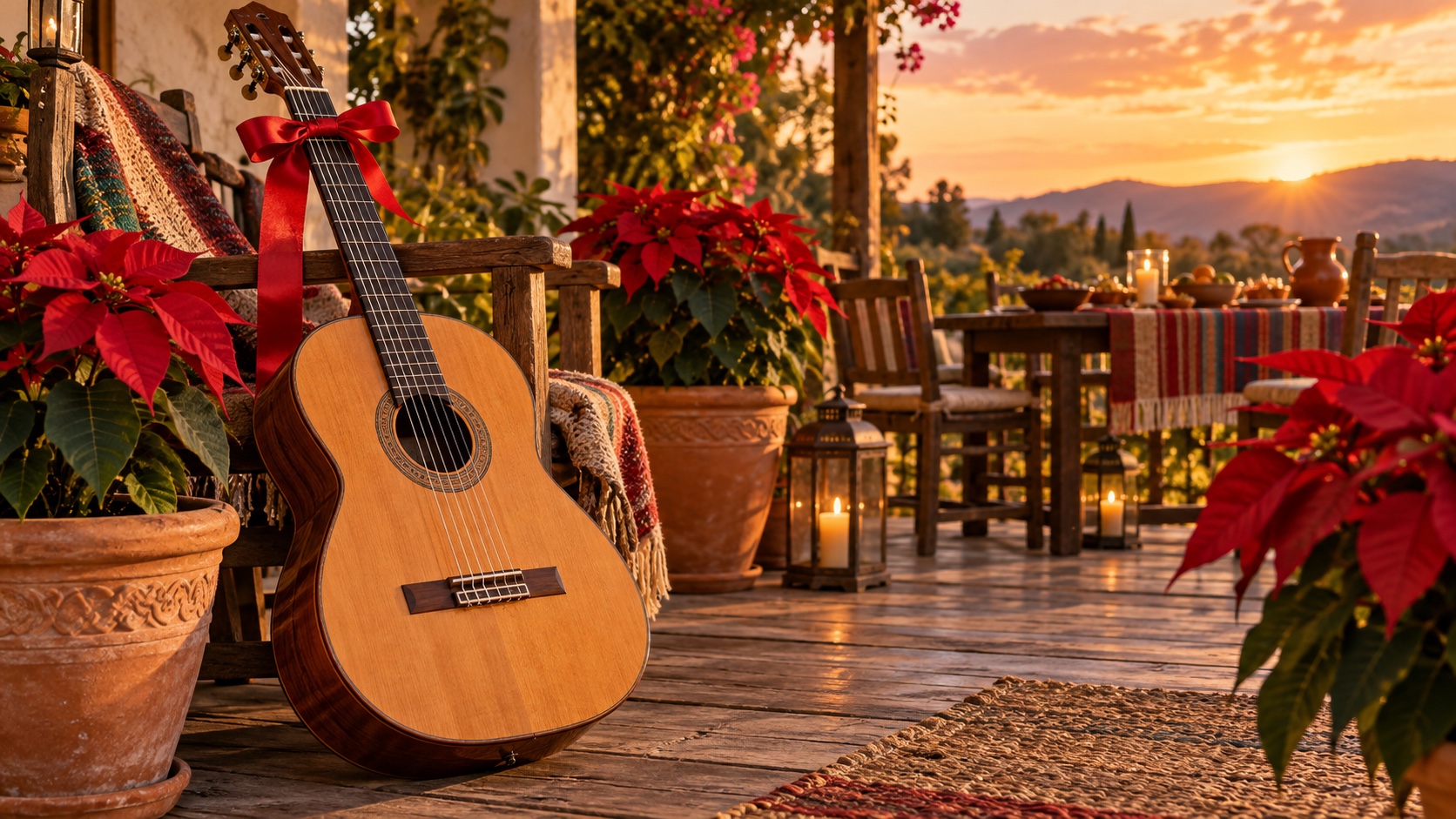 Classical guitar with a red ribbon on a warm patio surrounded by poinsettias at sunset.