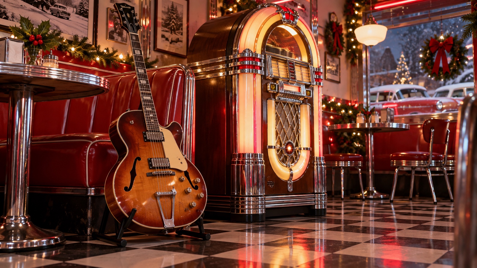 Hollow-body guitar beside a glowing vintage jukebox in a festive 1950s diner.