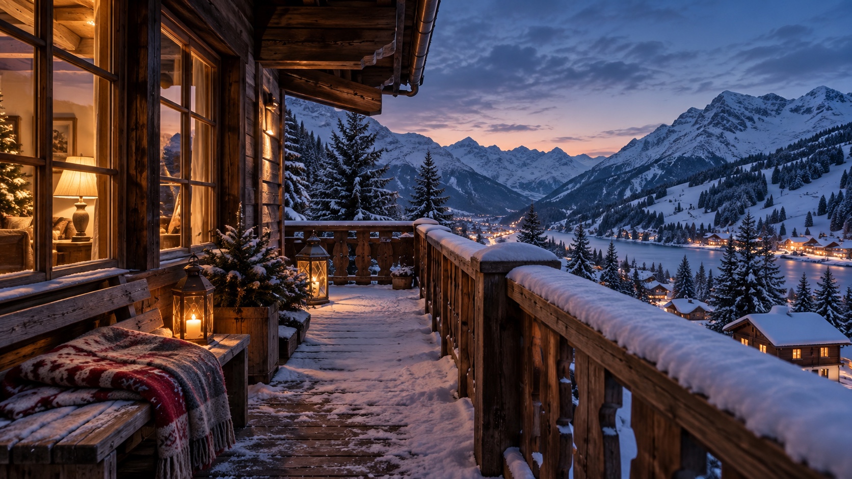 Snow-covered alpine lodge balcony overlooking a mountain village at blue hour.