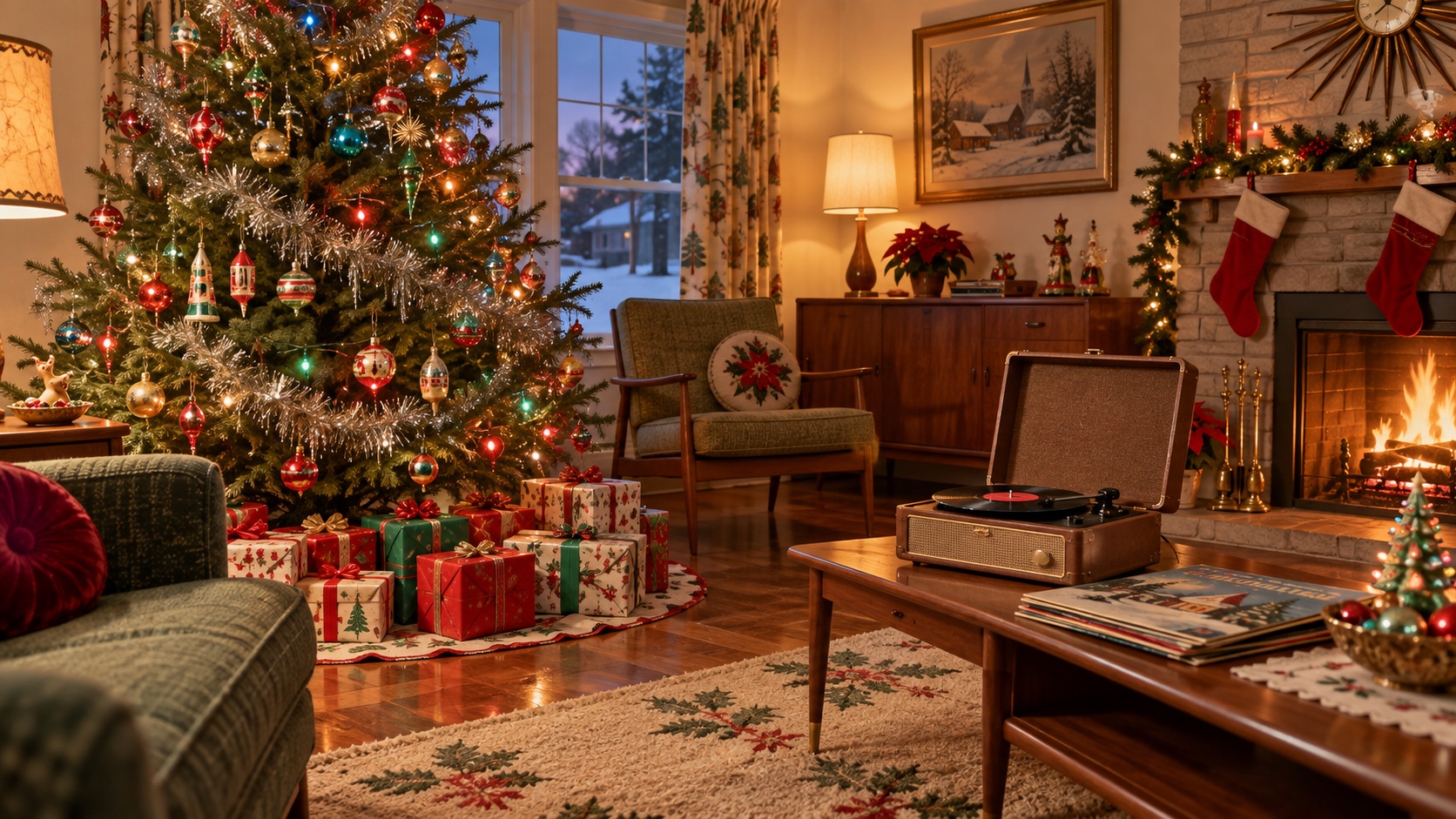 Mid-century living room with a colorful Christmas tree, wrapped gifts, and a portable record player.