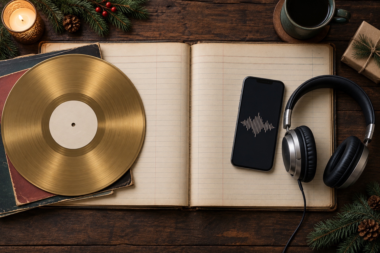 Gold-colored vinyl record, blank music ledger, smartphone waveform, and headphones arranged to represent physical and streaming eras.