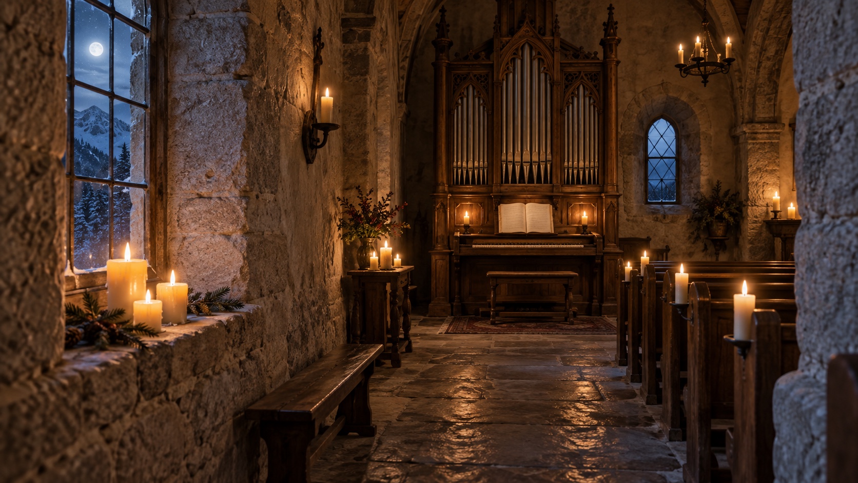 Candlelight illuminating an antique pipe organ in a quiet stone alpine chapel.