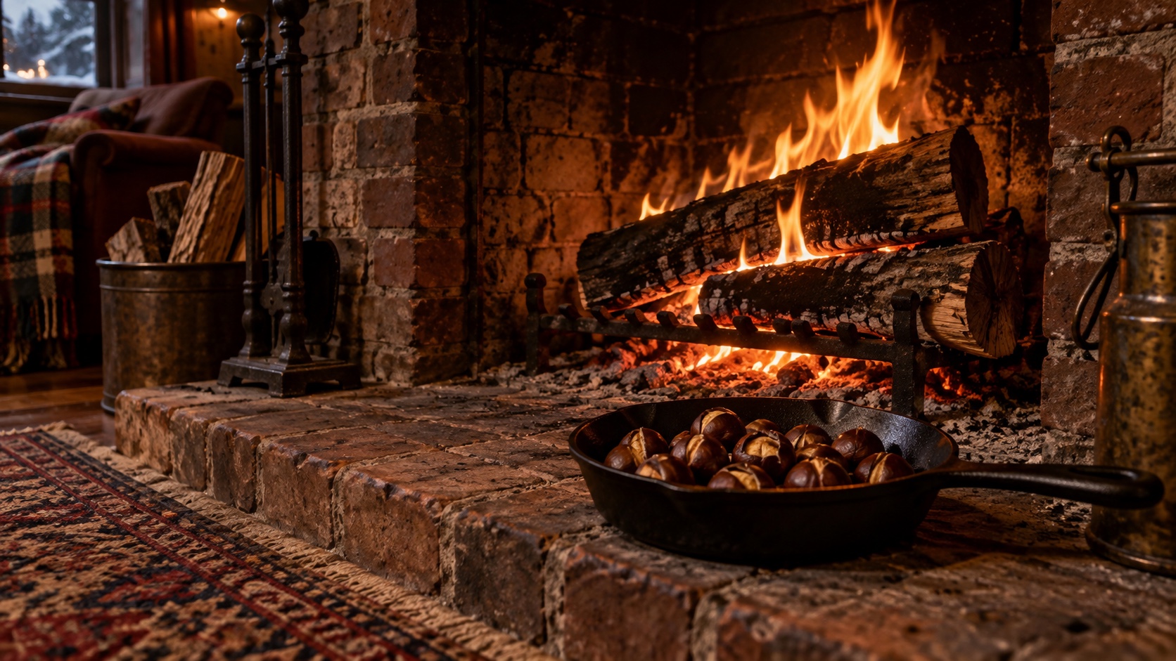 Chestnuts roasting in a cast-iron skillet beside a warm brick fireplace.