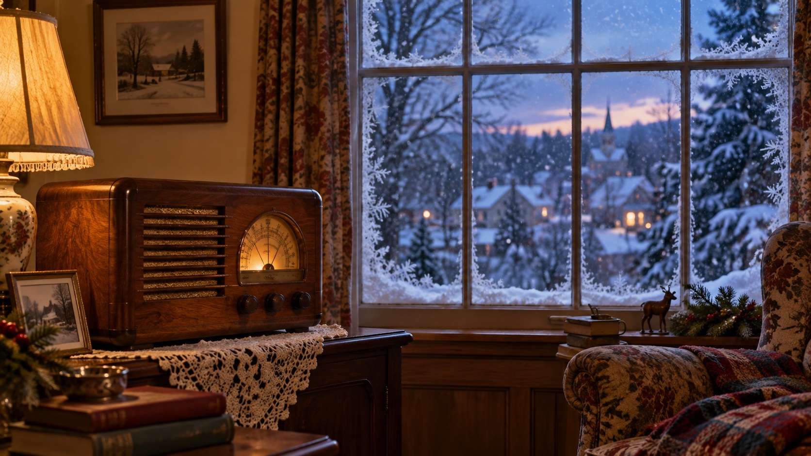 Vintage wooden radio beside a frost-edged window overlooking a snowy village at twilight.