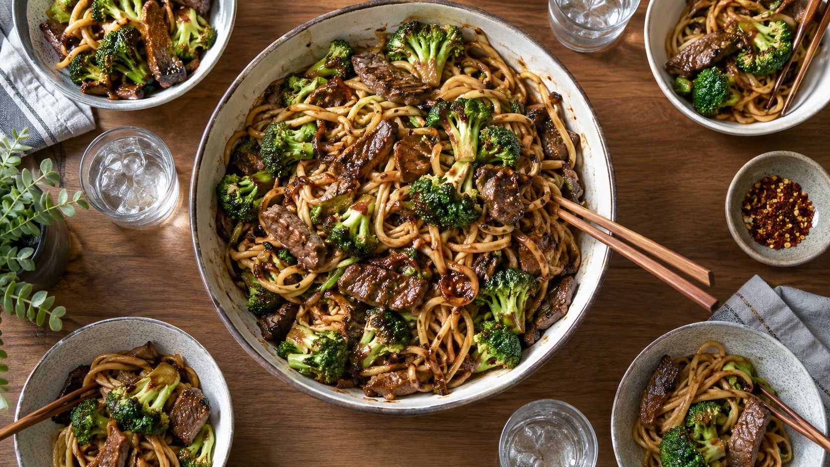 A large serving bowl holds sauced beef, bright broccoli, and noodles surrounded by four place settings.