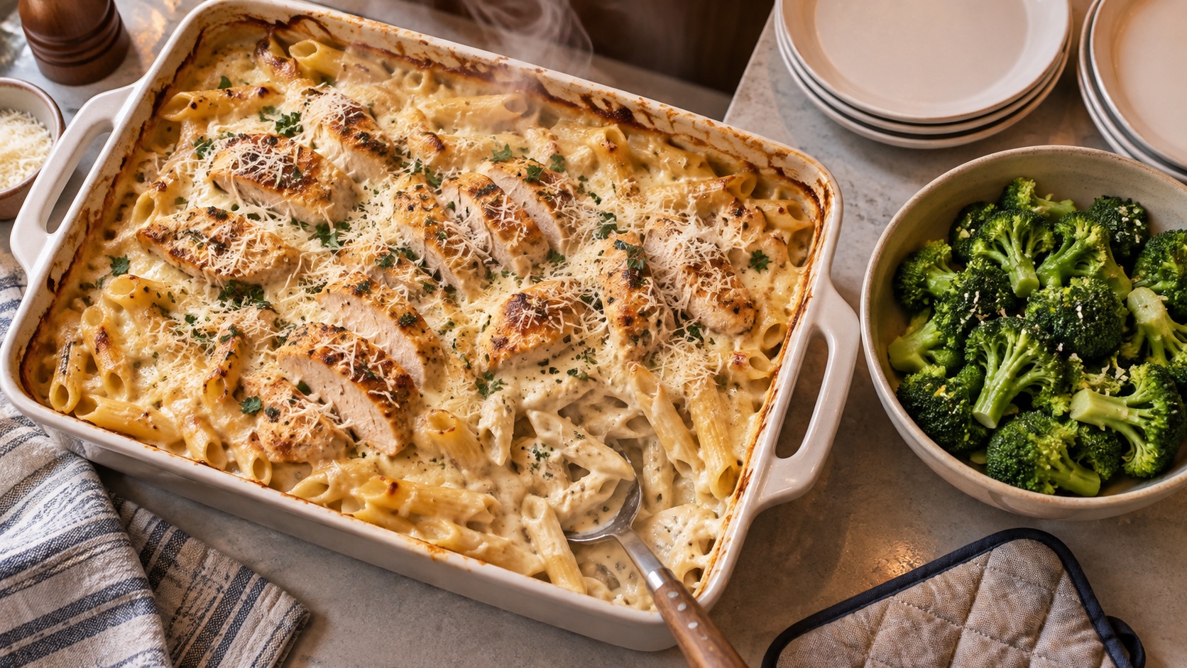 A steaming pan of creamy penne and sliced chicken is served with a separate bowl of broccoli.