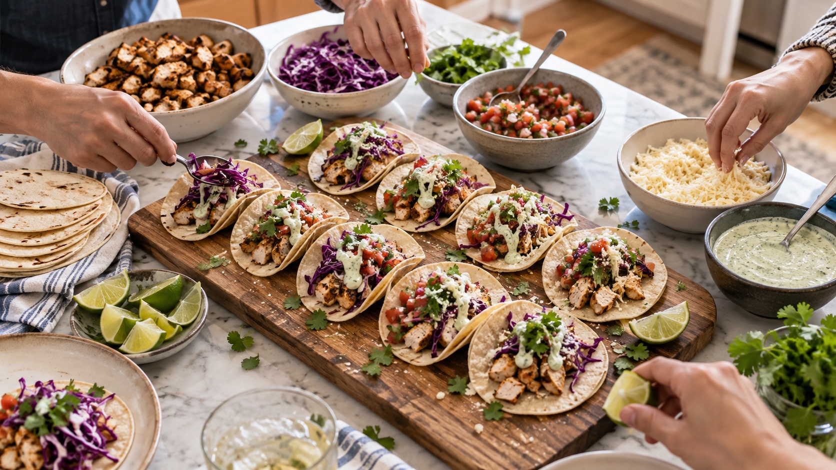 Hands assemble grilled chicken street tacos with cabbage, salsa, cheese, lime, and cilantro crema on a kitchen island.