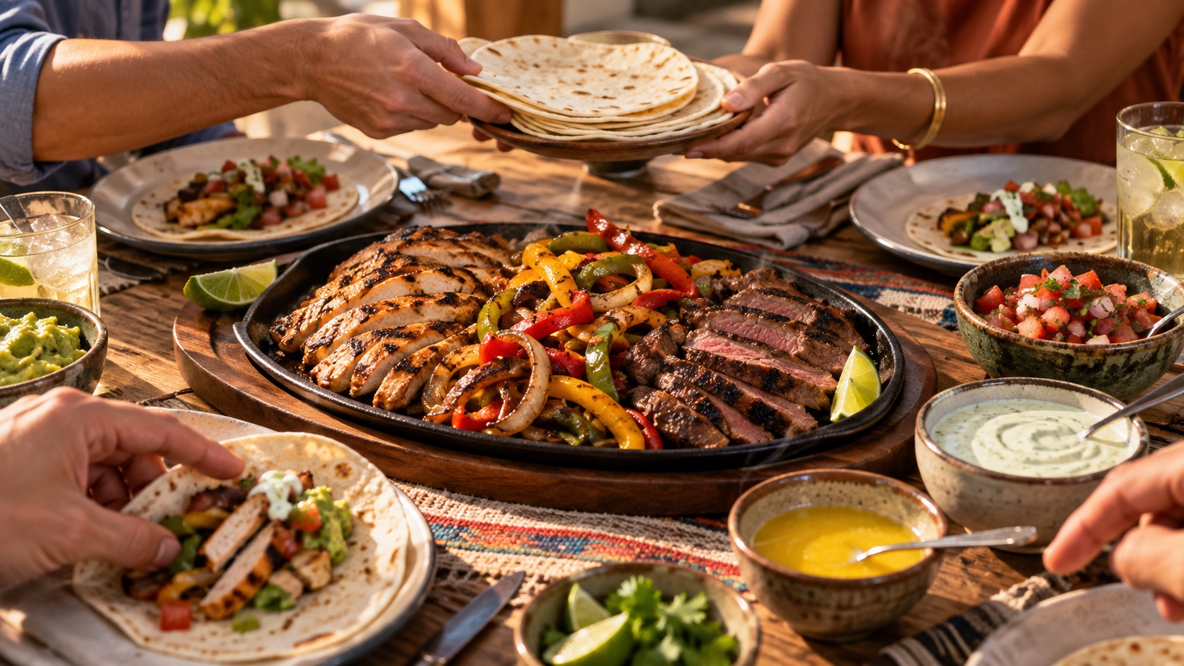 A family shares sliced grilled beef and chicken, peppers, onions, tortillas, salsa, and lime crema at a dining table.