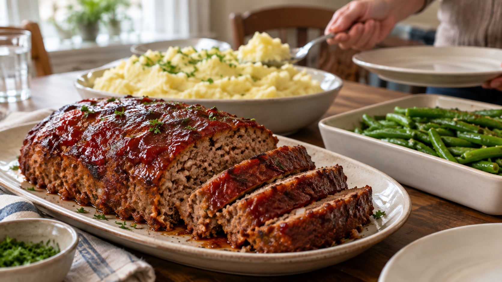 Sliced glazed meatloaf sits beside a family bowl of mashed potatoes and a tray of green beans.