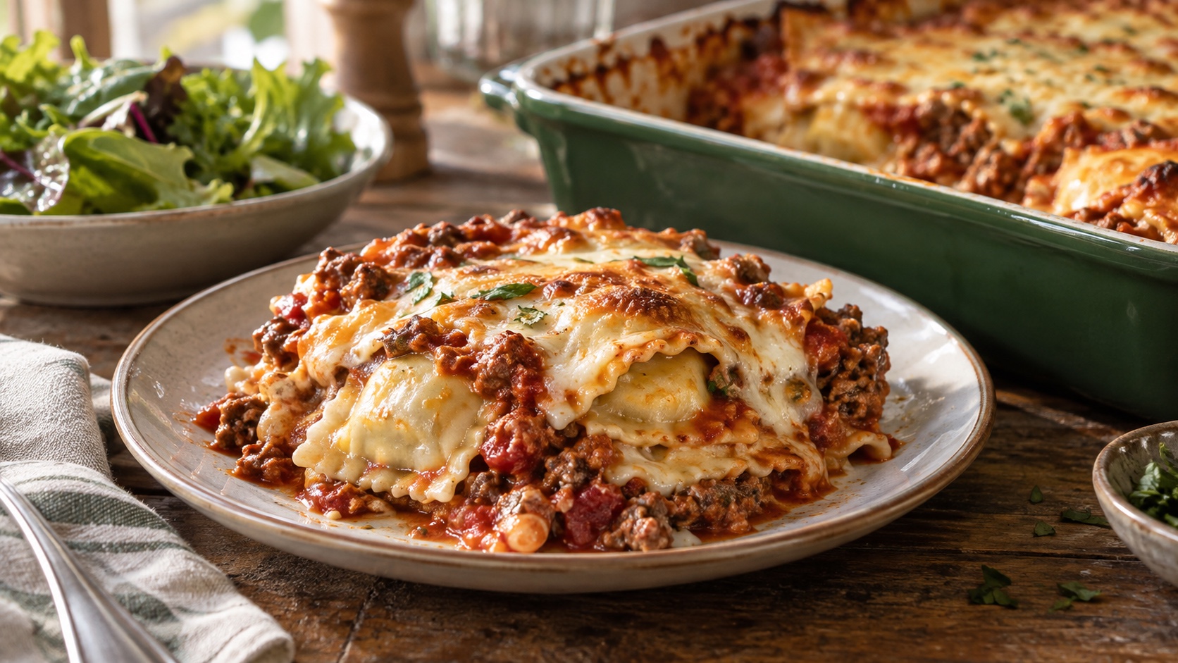 A cut serving of ravioli lasagna reveals cheese-filled pasta, meat sauce, and browned melted cheese.