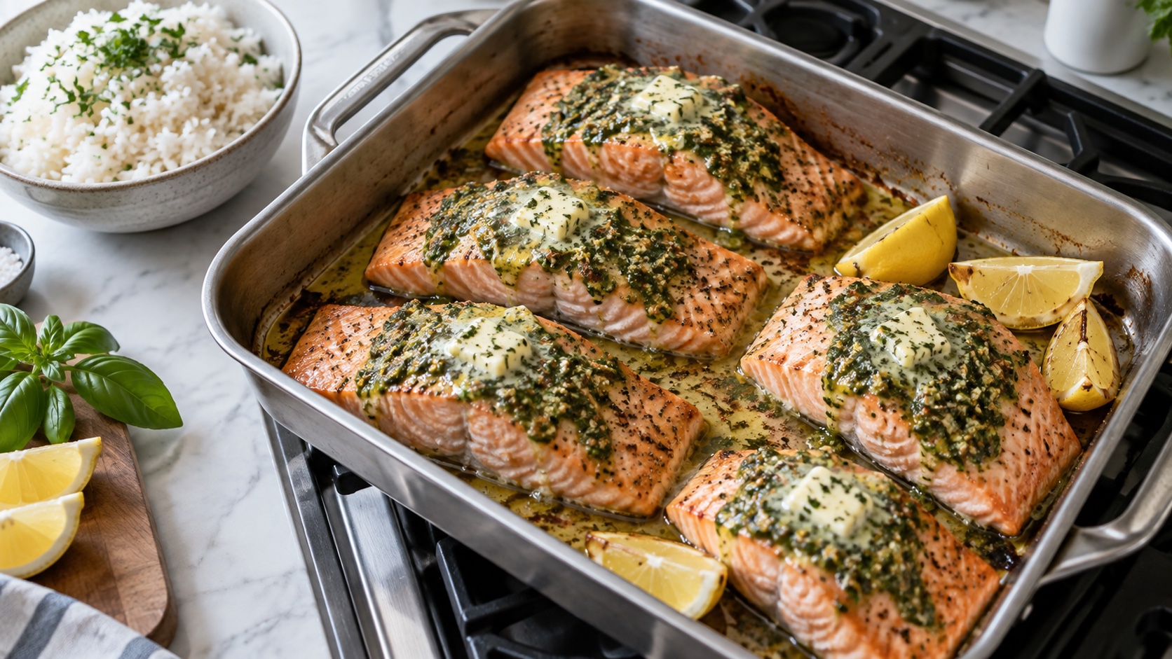 Five salmon portions roast with basil pesto butter and lemon beside a bowl of rice on a home stovetop.