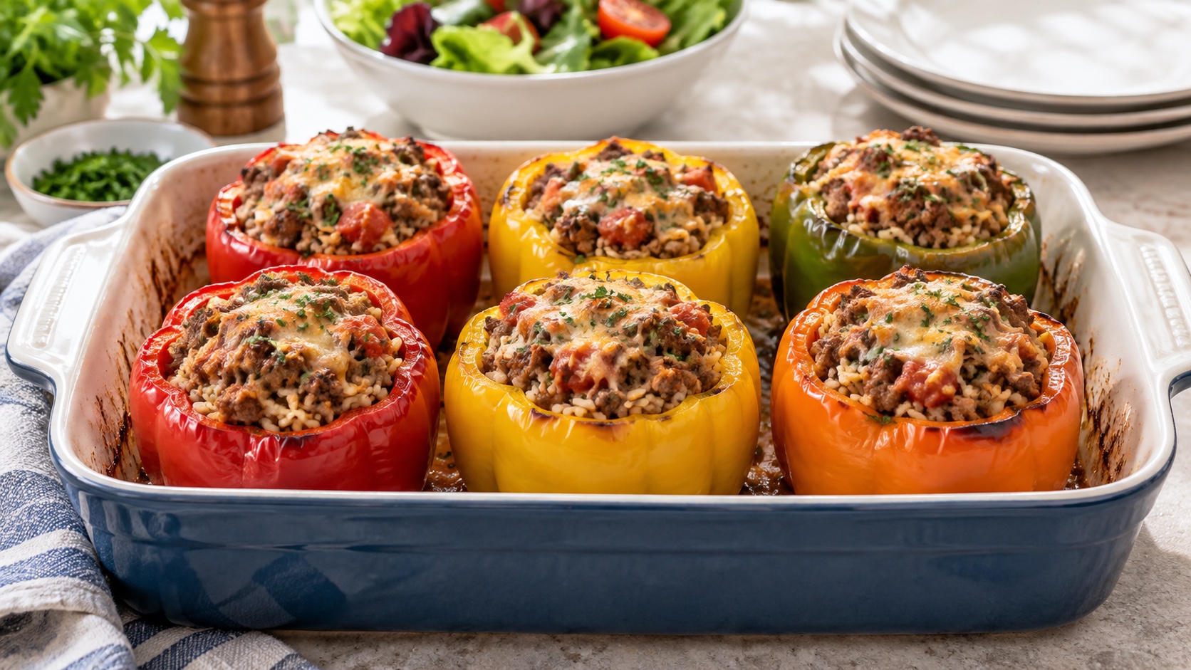 Six red, yellow, orange, and green bell peppers filled with beef and rice bake in a ceramic dish.