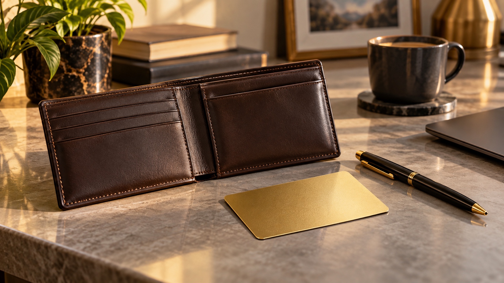 Leather wallet and unbranded gold membership card on a warm home office counter.
