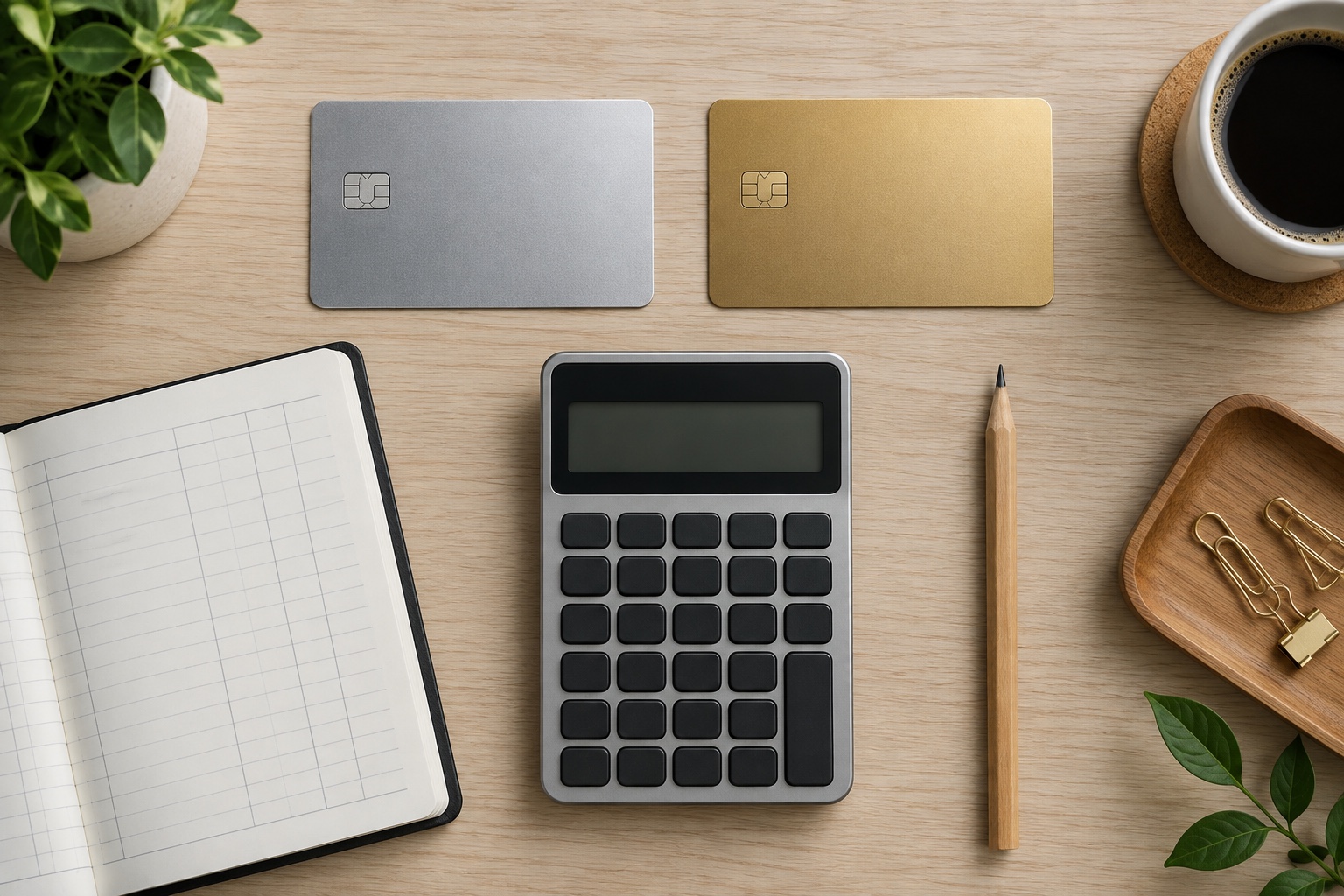 Silver and gold membership cards beside a calculator and financial ledger on a desk.