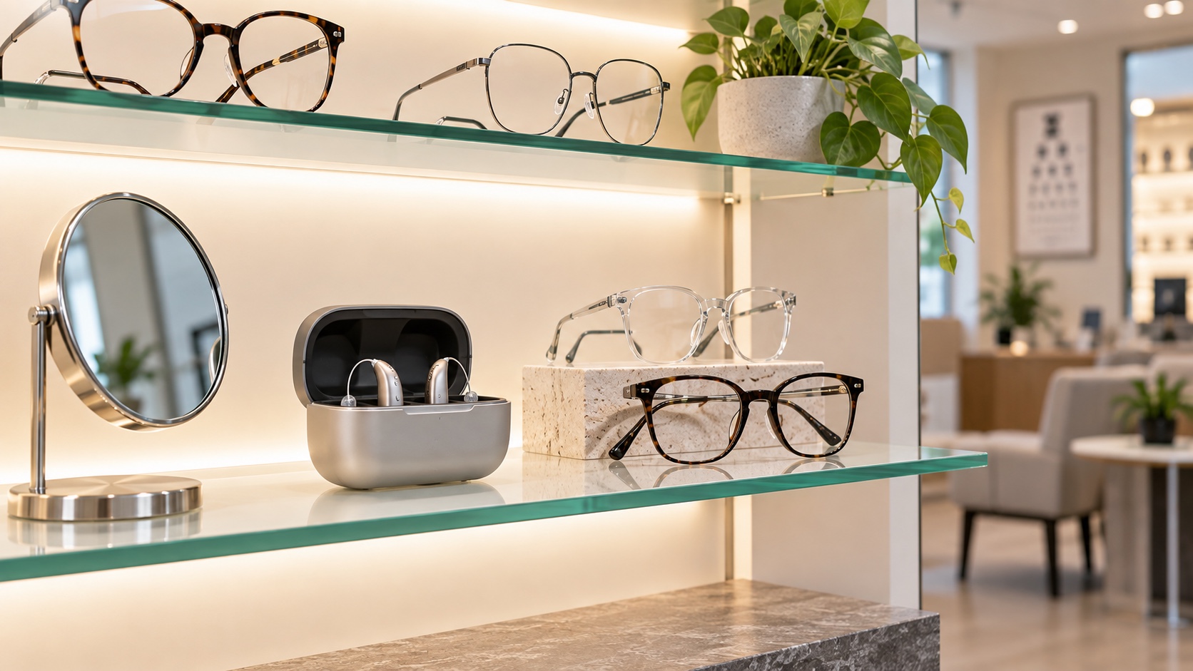 Modern optical display with eyeglass frames, hearing aids, and a tabletop mirror.
