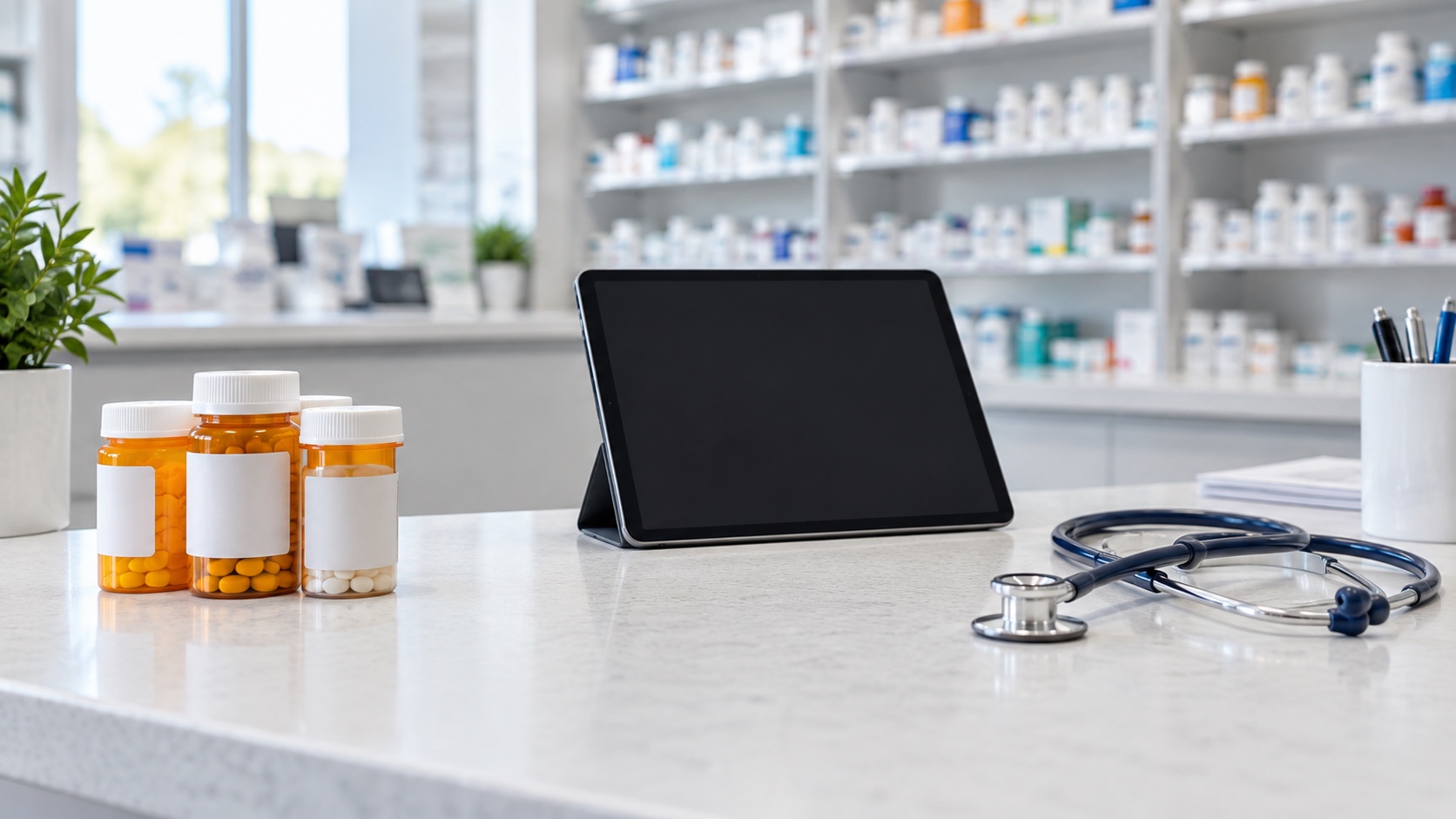 Modern pharmacy counter with prescription bottles, a blank tablet, and a stethoscope.