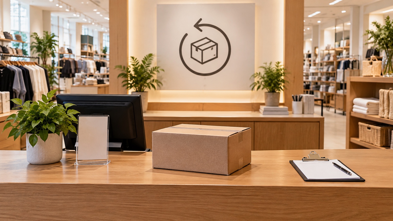 Bright customer returns desk with a sealed box and clipboard on a wooden counter.