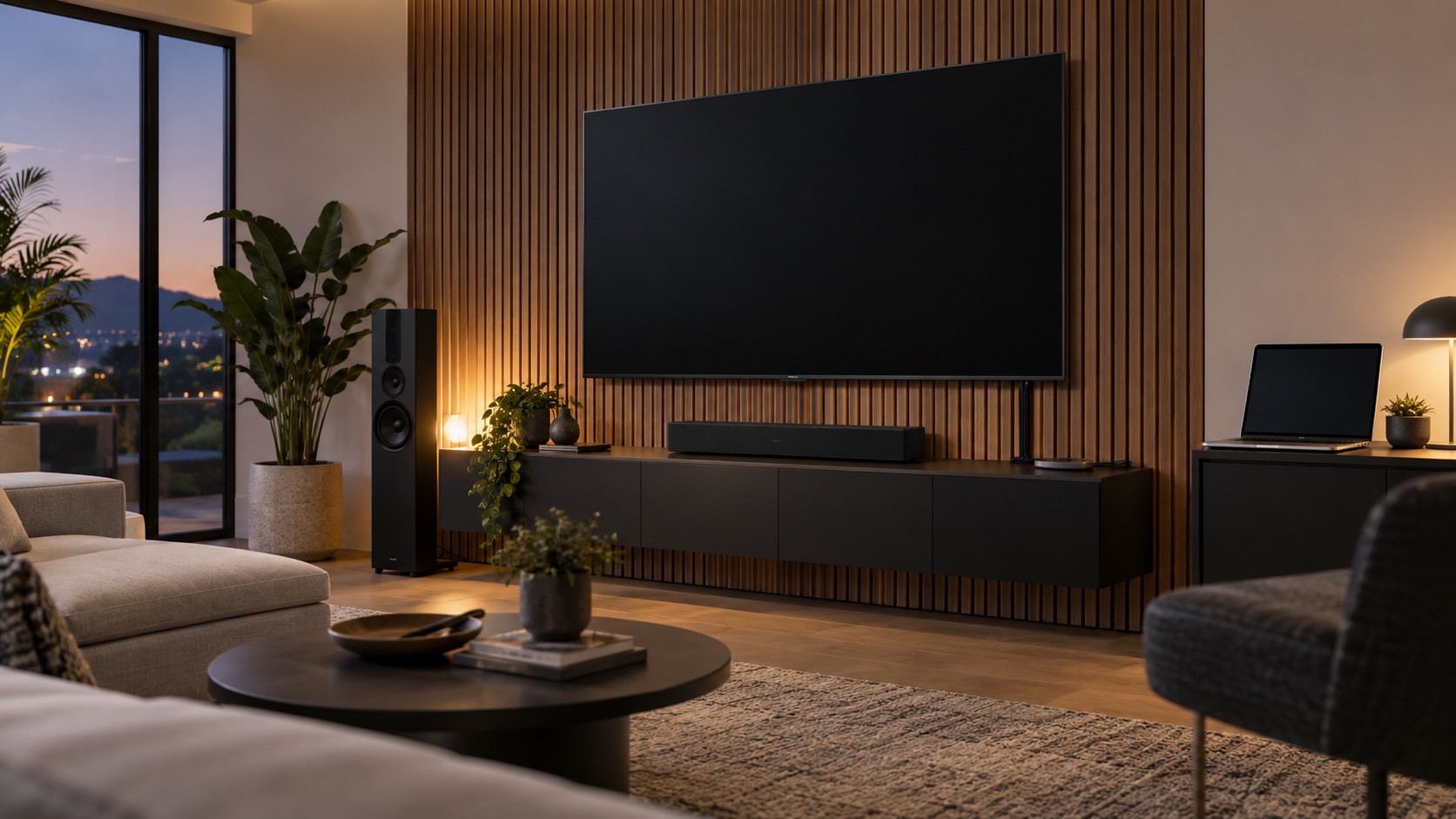 Modern living room with a wall-mounted television and laptop ready for technical support.