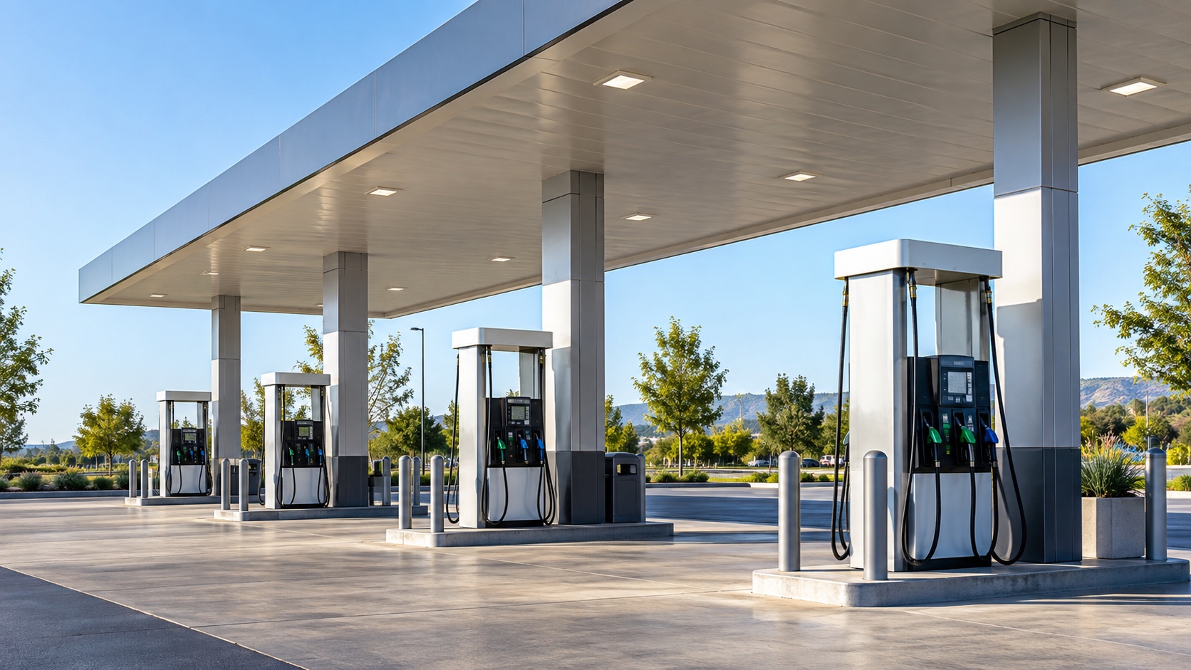 Clean modern fuel pumps beneath a steel canopy on a clear sunny morning.