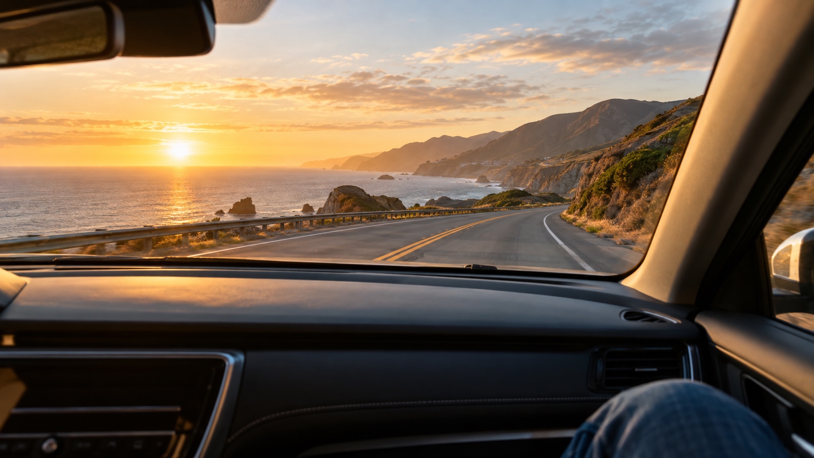 Open coastal highway viewed through a modern rental car windshield at sunset.