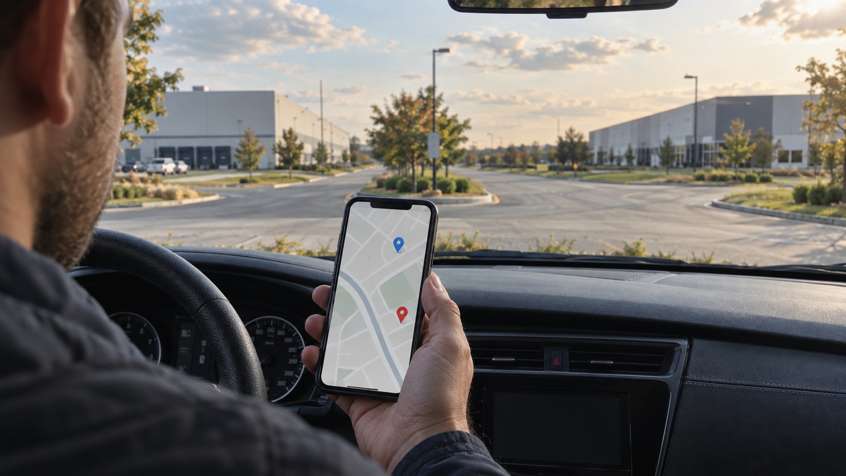 A parked driver compares two unlabeled warehouse destinations on a phone map before choosing a route.