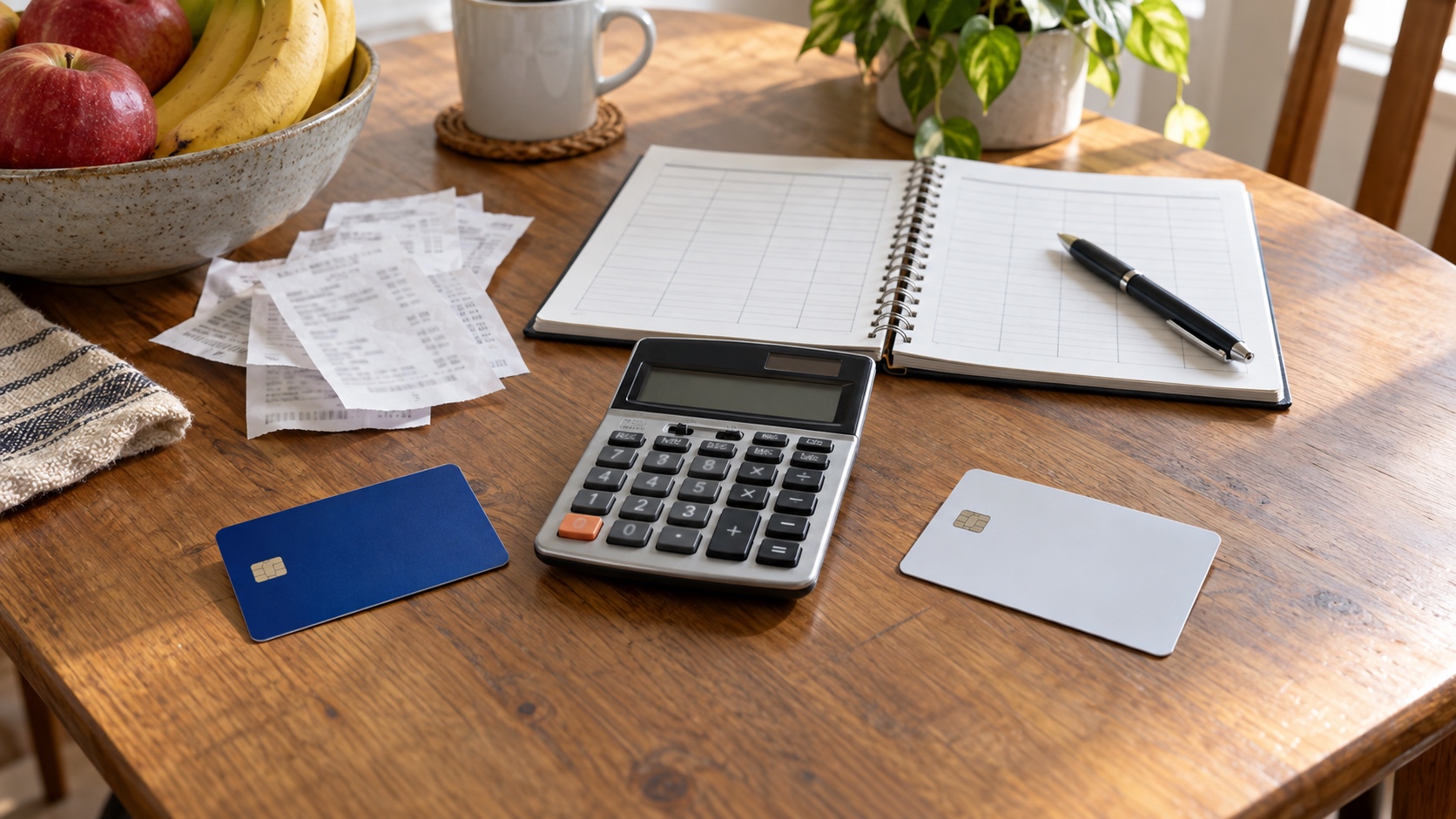Blank membership cards, a calculator, receipts, and a budget notebook laid out for an annual-fee decision.