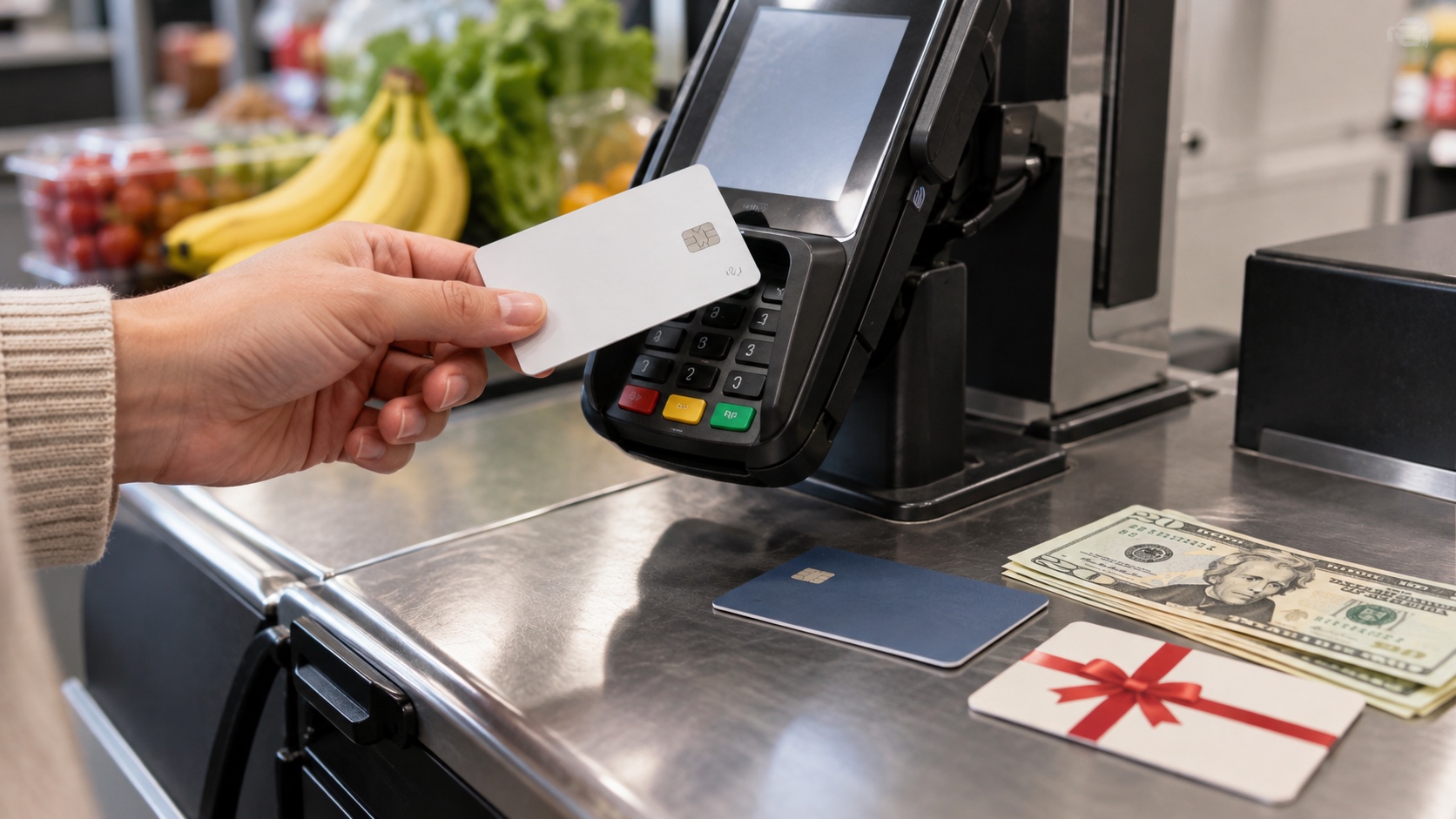 A shopper holds an unbranded contactless card beside cash, debit, and gift-card options at checkout.