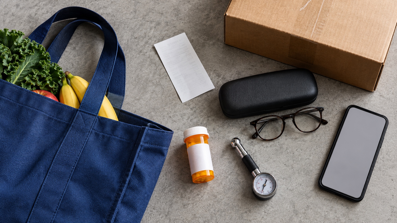 A reusable grocery bag, shipping box, eyeglasses, prescription bottle, tire gauge, and phone representing club perks.