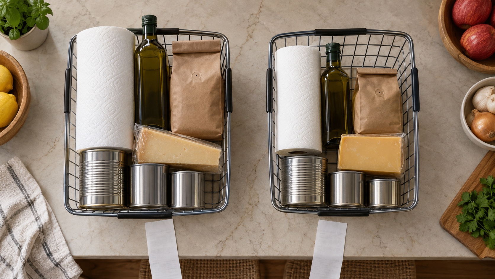 Two matching baskets of unbranded pantry staples arranged side by side for a unit-price comparison.