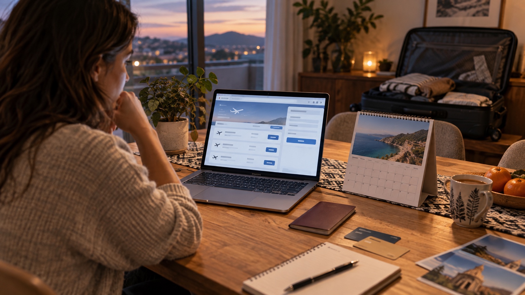Traveler comparing an abstract flight booking and payment cards beside a calendar and packed carry-on.