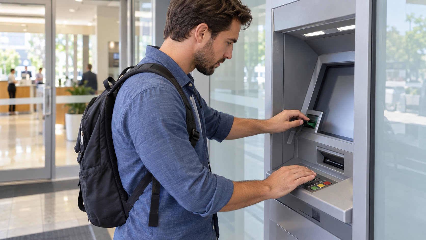 Traveler inspecting a generic ATM card reader and shielding the keypad inside a bright bank vestibule.