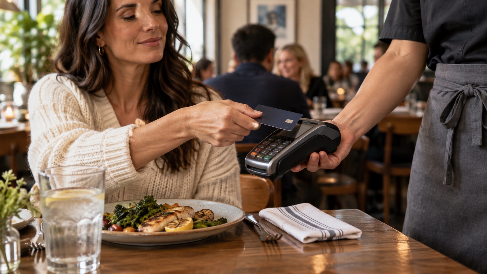 Restaurant guest tapping an unbranded payment card on a handheld terminal kept in view at the table.