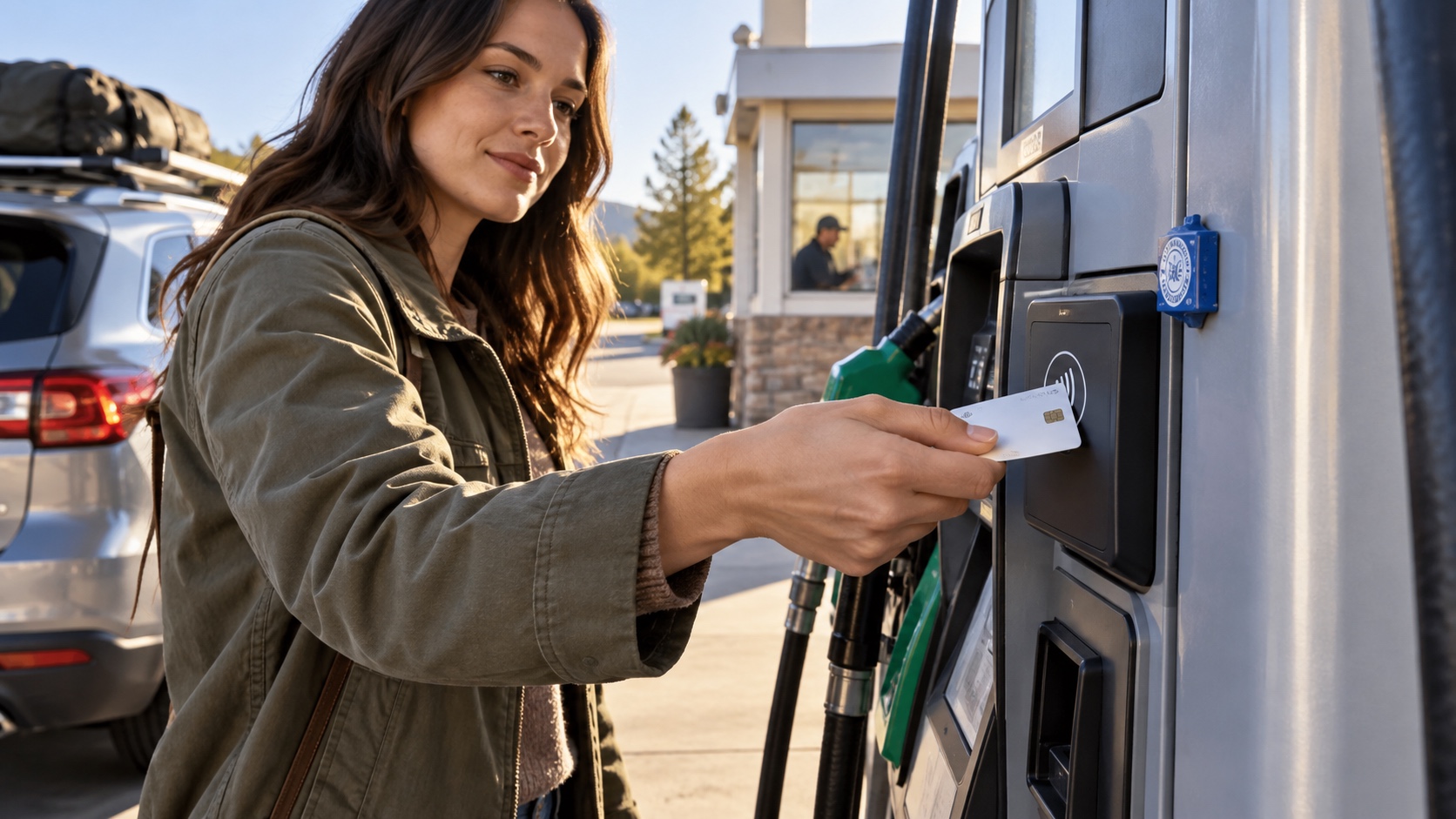 Driver using contactless payment at a clean fuel pump after checking the card reader and security seal.