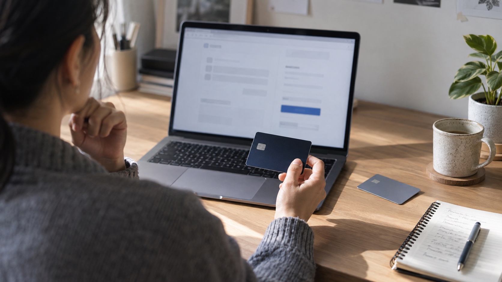 Online shopper comparing two unbranded payment cards beside a generic checkout page on a laptop.
