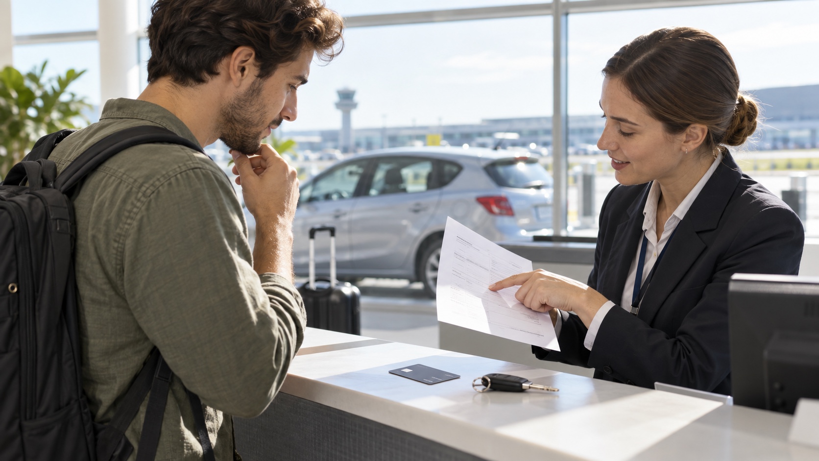 Traveler reviewing an unbranded rental agreement while a payment card and car keys rest on the counter.
