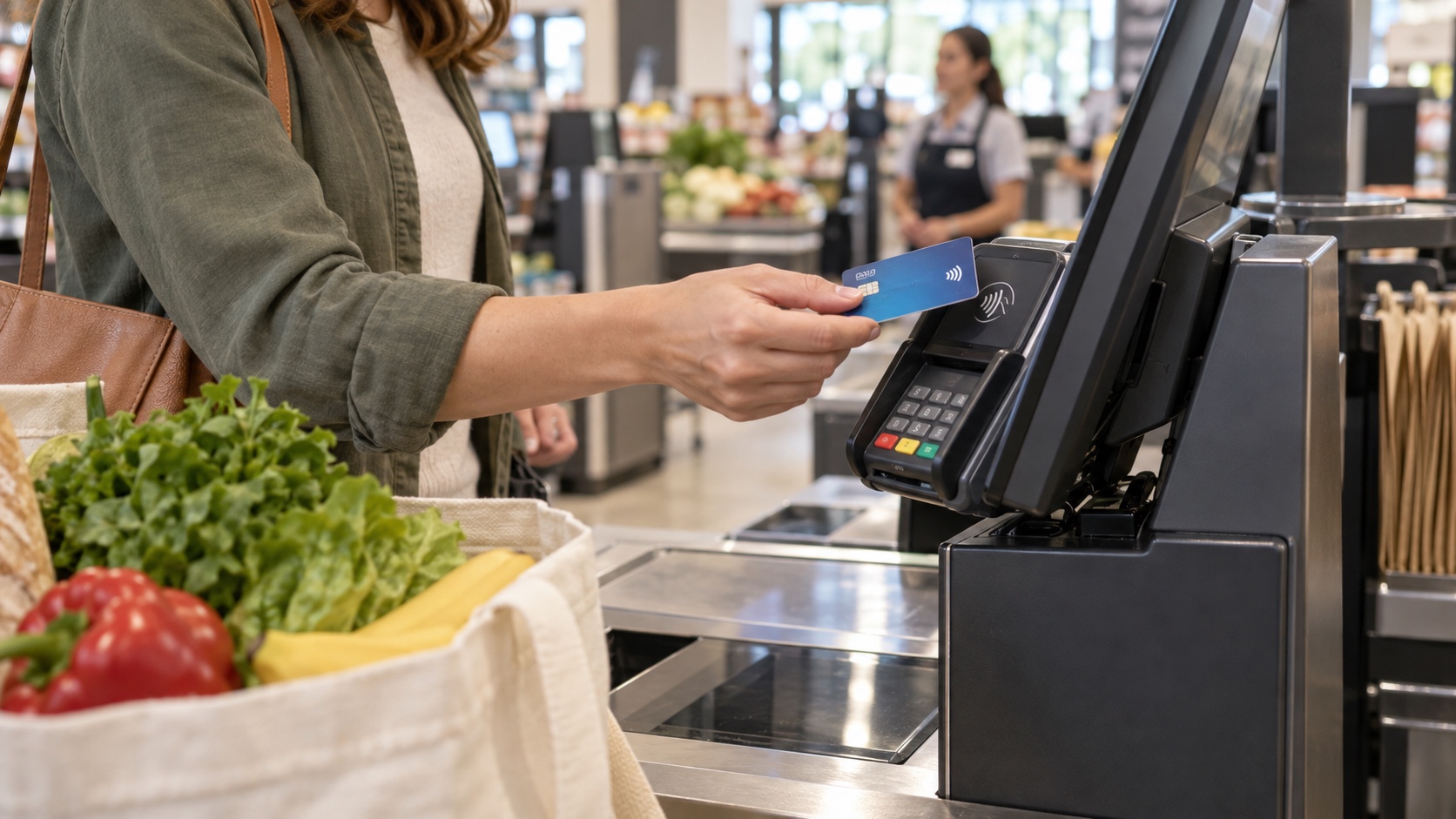 Grocery shopper using contactless payment after inspecting a generic self-checkout card terminal.