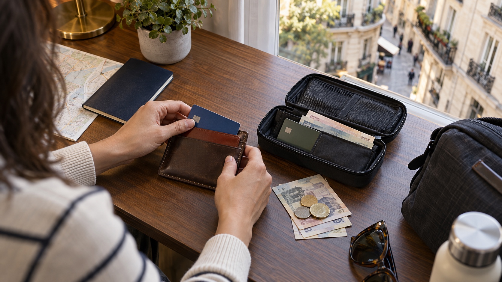 Traveler separating an everyday payment card from a backup card and small amount of local cash.