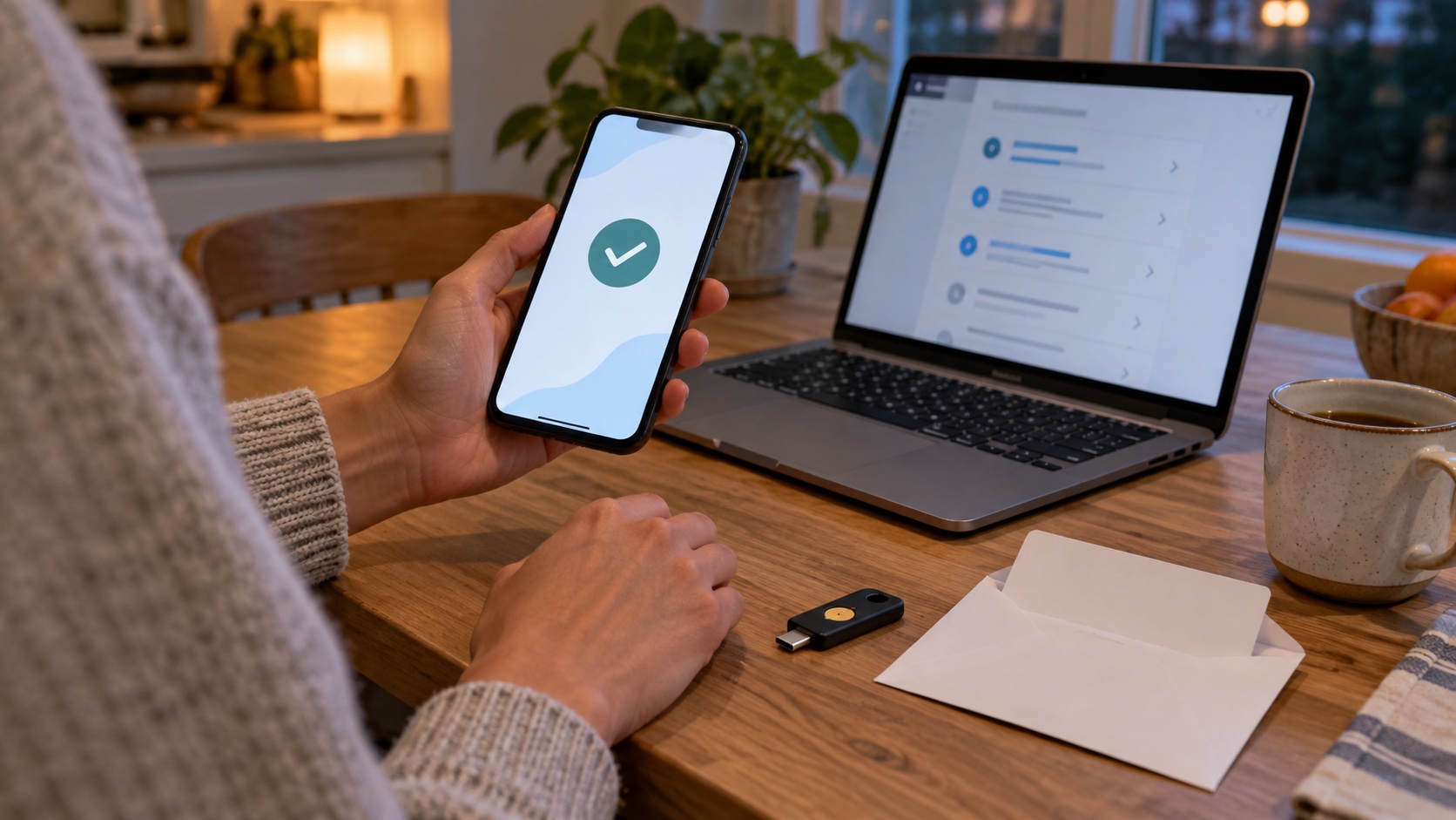 Person confirming account security on a phone beside a laptop, hardware key, and backup-code envelope.