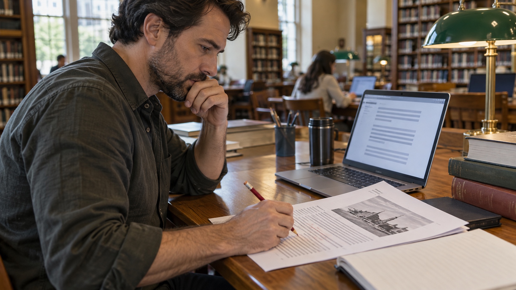 Reader checking an AI-generated draft on a laptop against a printed source and marking unsupported passages.